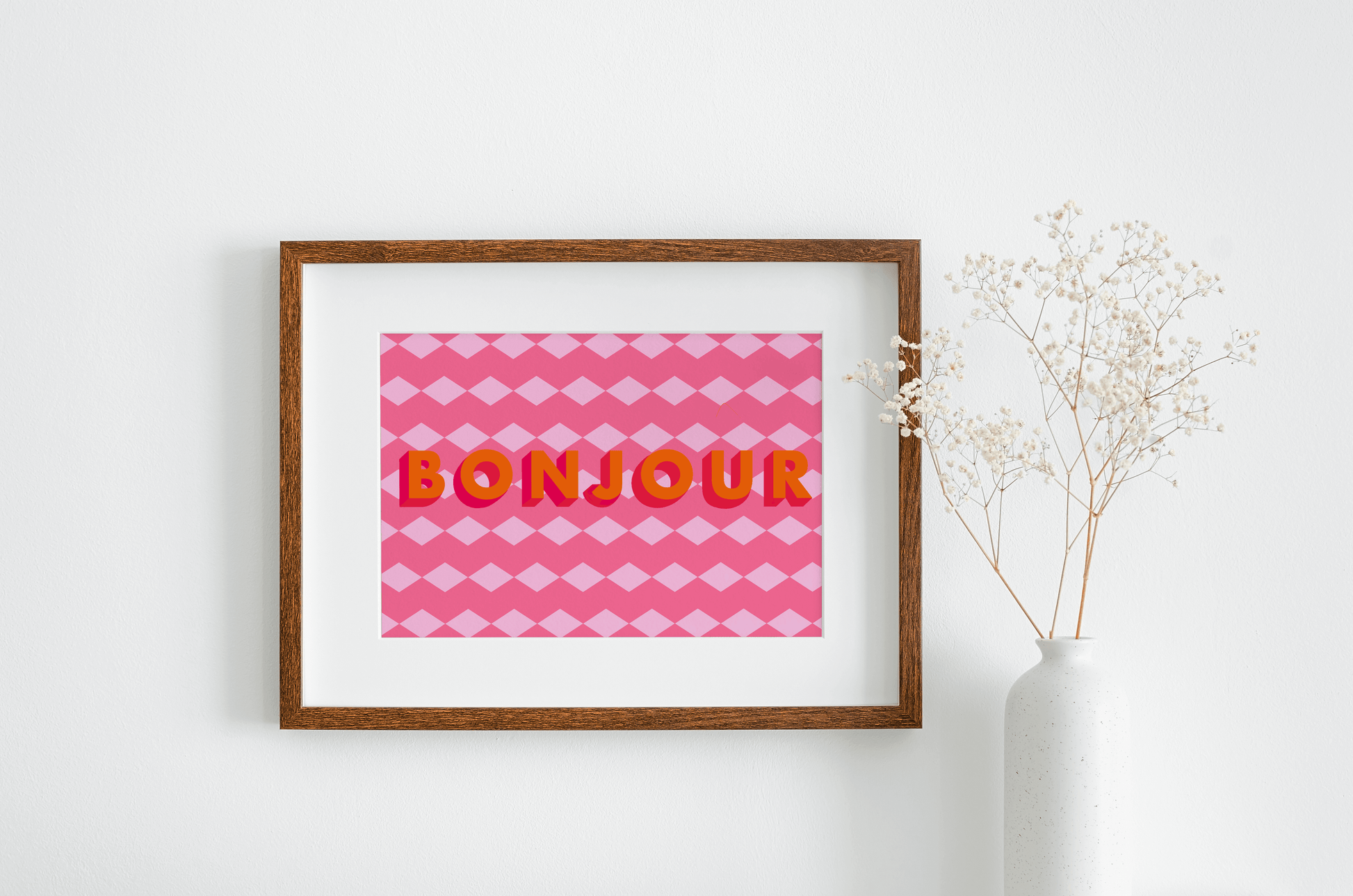 Bonjour pink and orange text on a pink geometric background art print