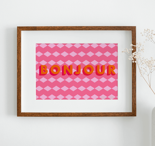 Bonjour pink and orange text on a pink geometric background art print