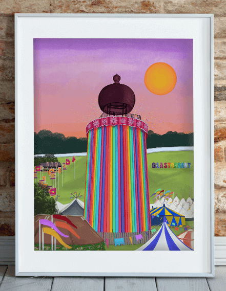 Glastonbury art print. Ribbon Tower art print. Colourful, vibrant art print of Glastonbury Festival's iconic ribbon tower. Featuring the Glastonbury sign, a large bright sun and a purple-pink sky.