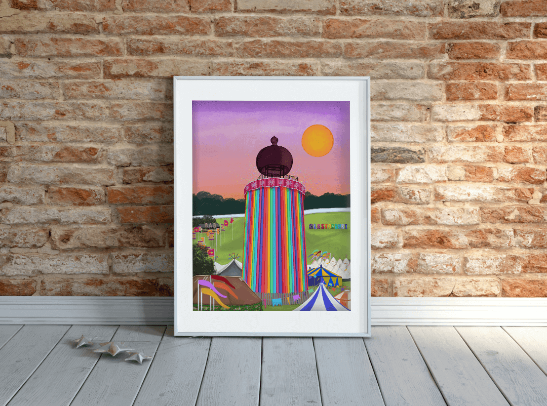 Colourful, vibrant art print of Glastonbury Festival's iconic ribbon tower. Featuring the Glastonbury sign, a large bright sun and a purple-pink sky.  Edit alt text