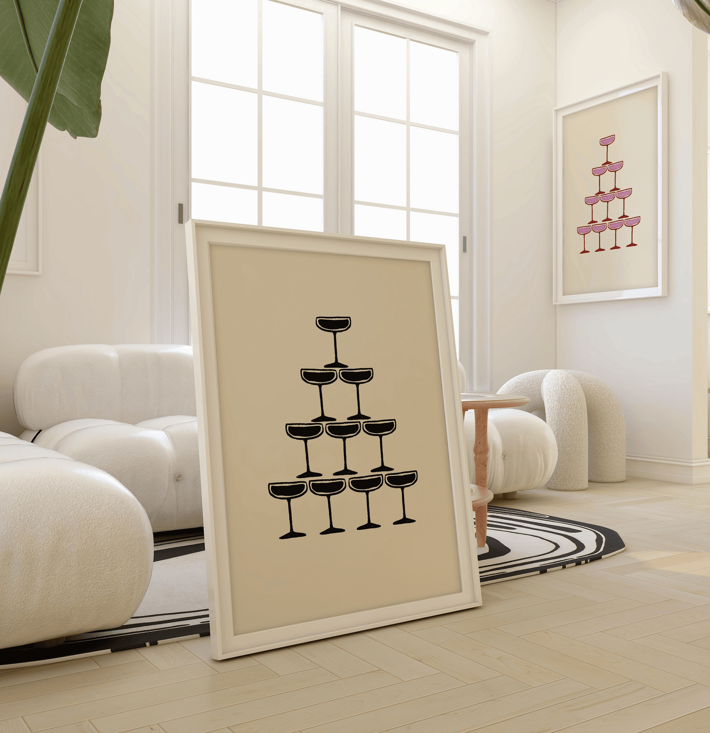 Monochrome illustration of champagne coupe's forming a champagne fountain, in a leaning frame with neutral decor