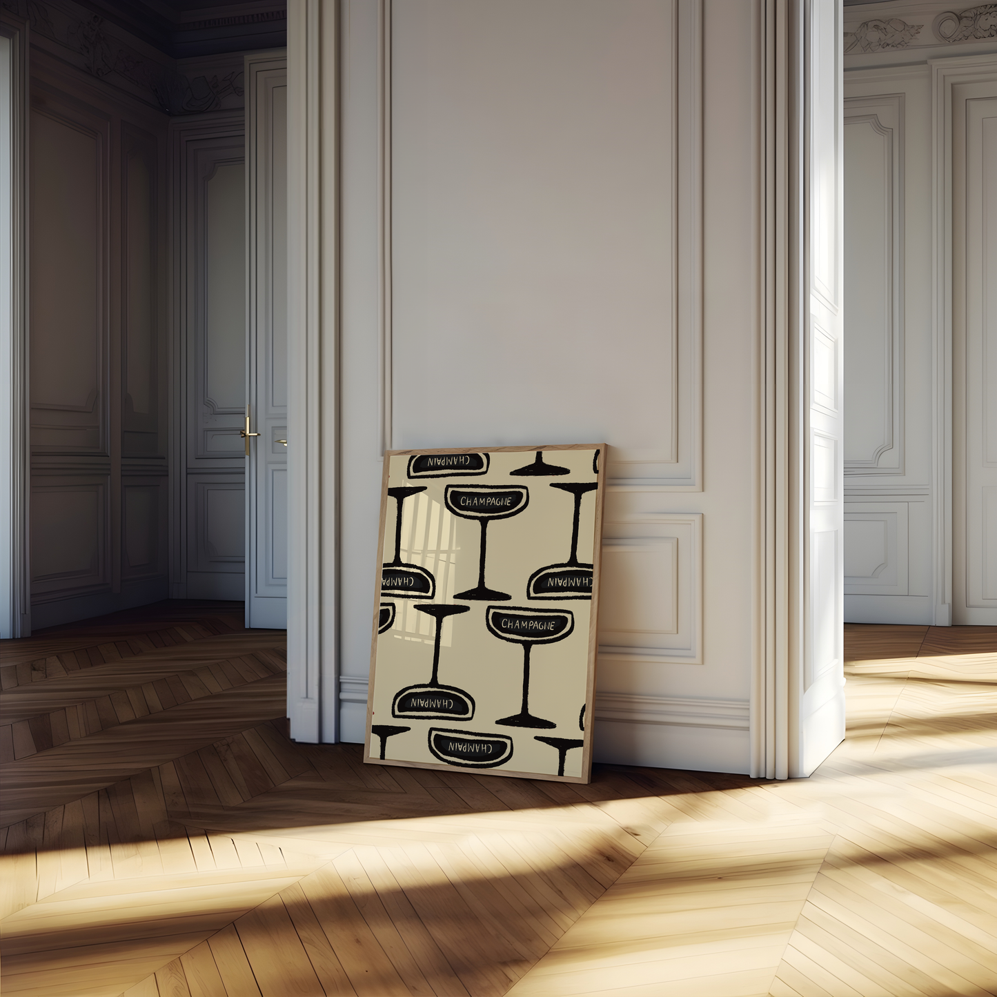 Illustration of champagne coupe's in a repeat pattern, framed, leaning against a wall. Full room view