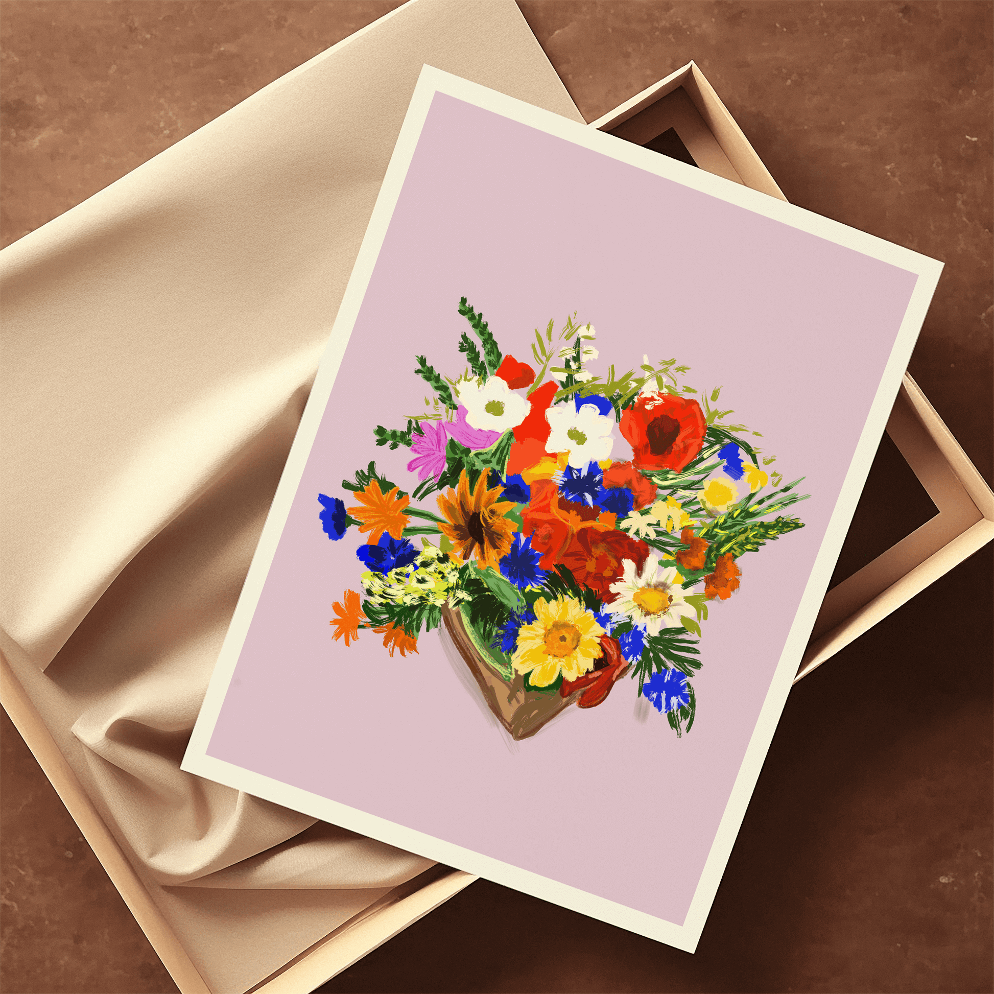 Print features a bouquet of colourful bouquet of flowers, against a dusty pink/lilac background with a small white border. The bouquet features yellows, blues, reds, whites and green foliage.