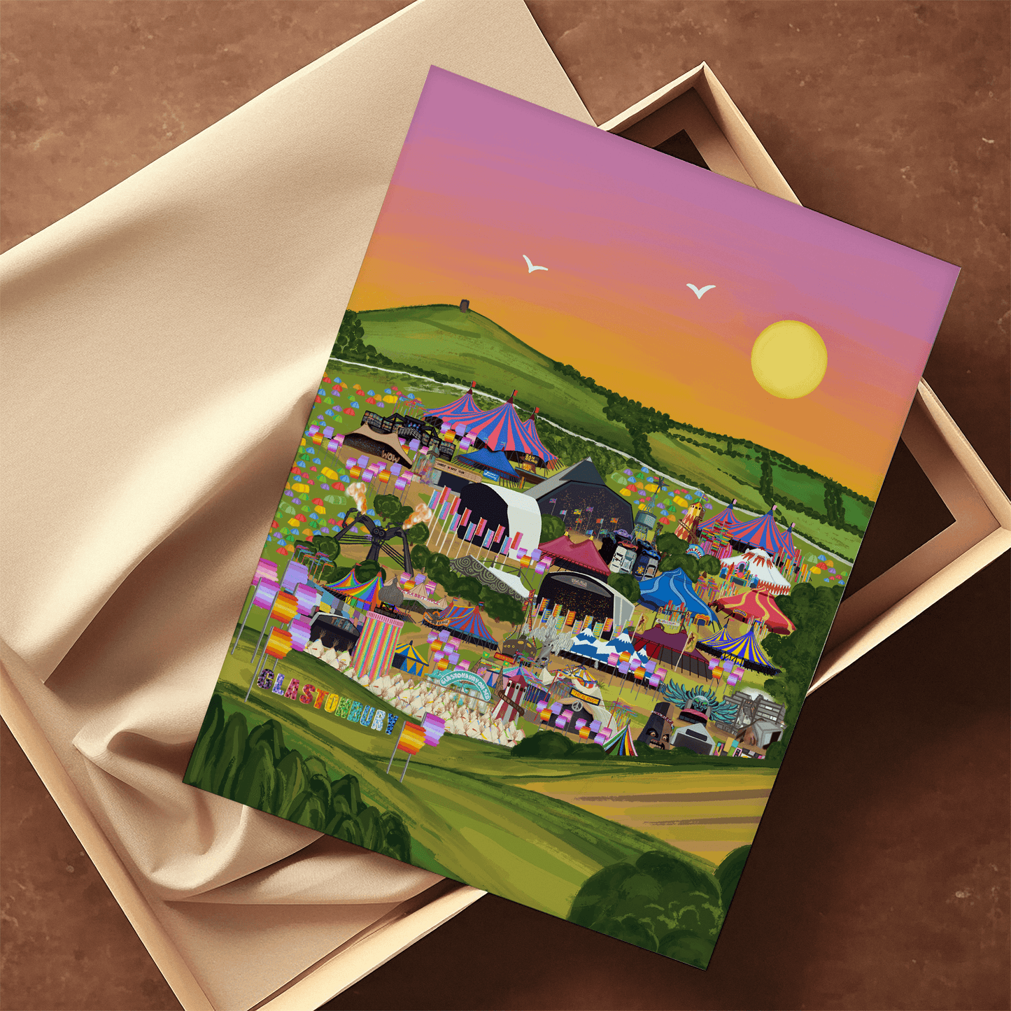 Vibrant and colourful Glastonbury festival print showcasing all stages of the iconic festival.