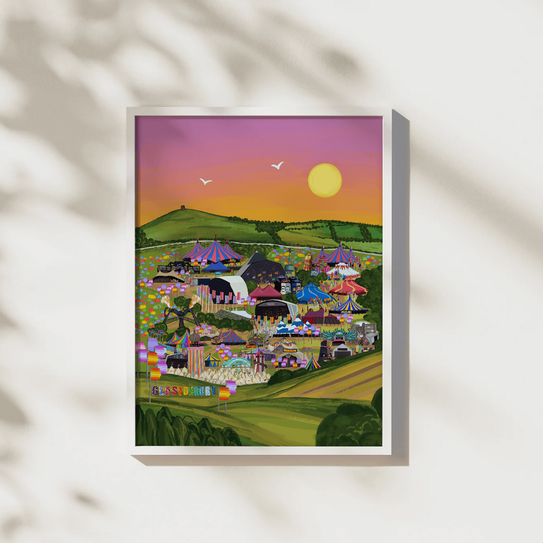 Vibrant and colourful Glastonbury festival print showcasing all stages of the iconic festival.