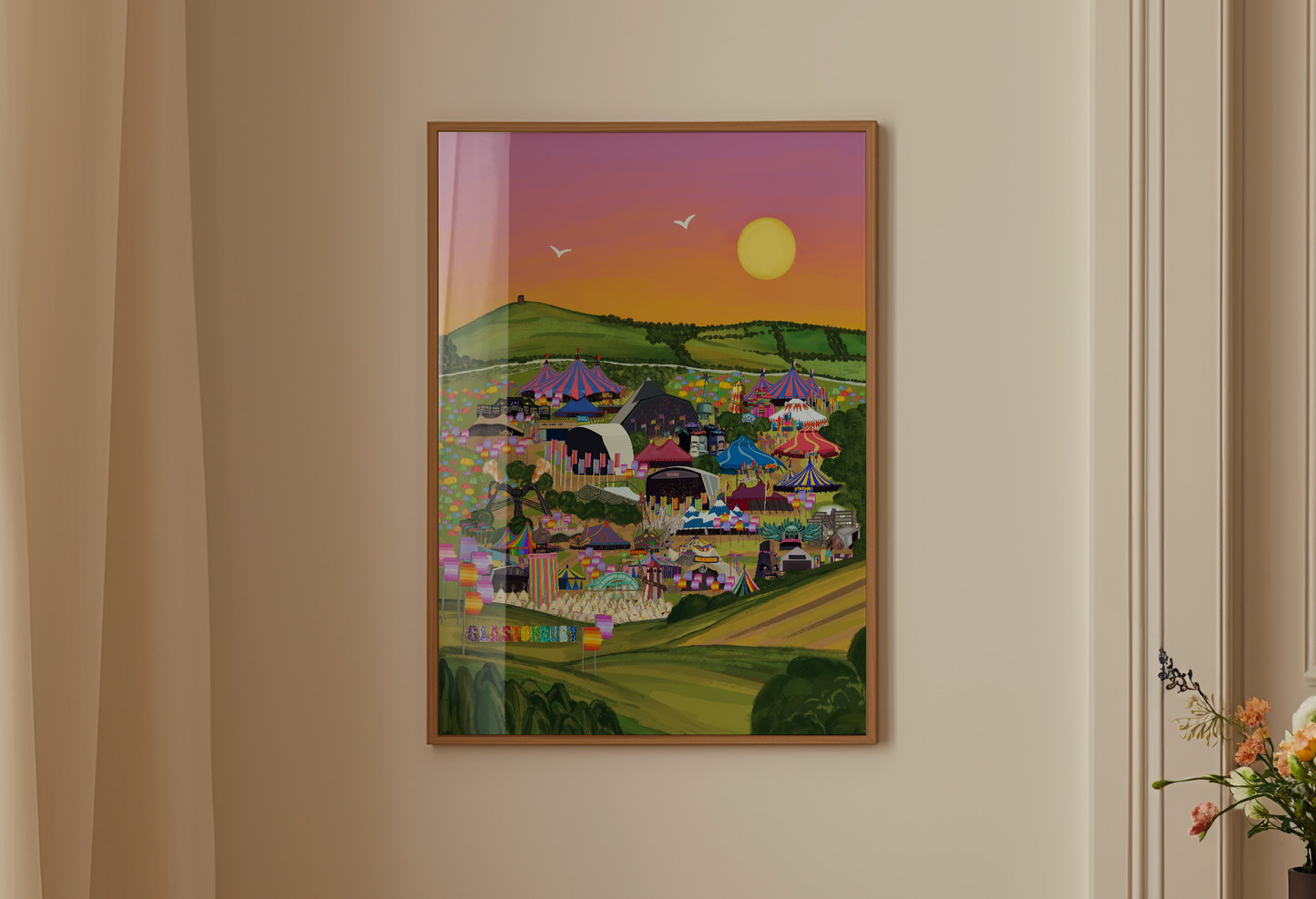 Vibrant and colourful Glastonbury festival print showcasing all stages of the iconic festival.