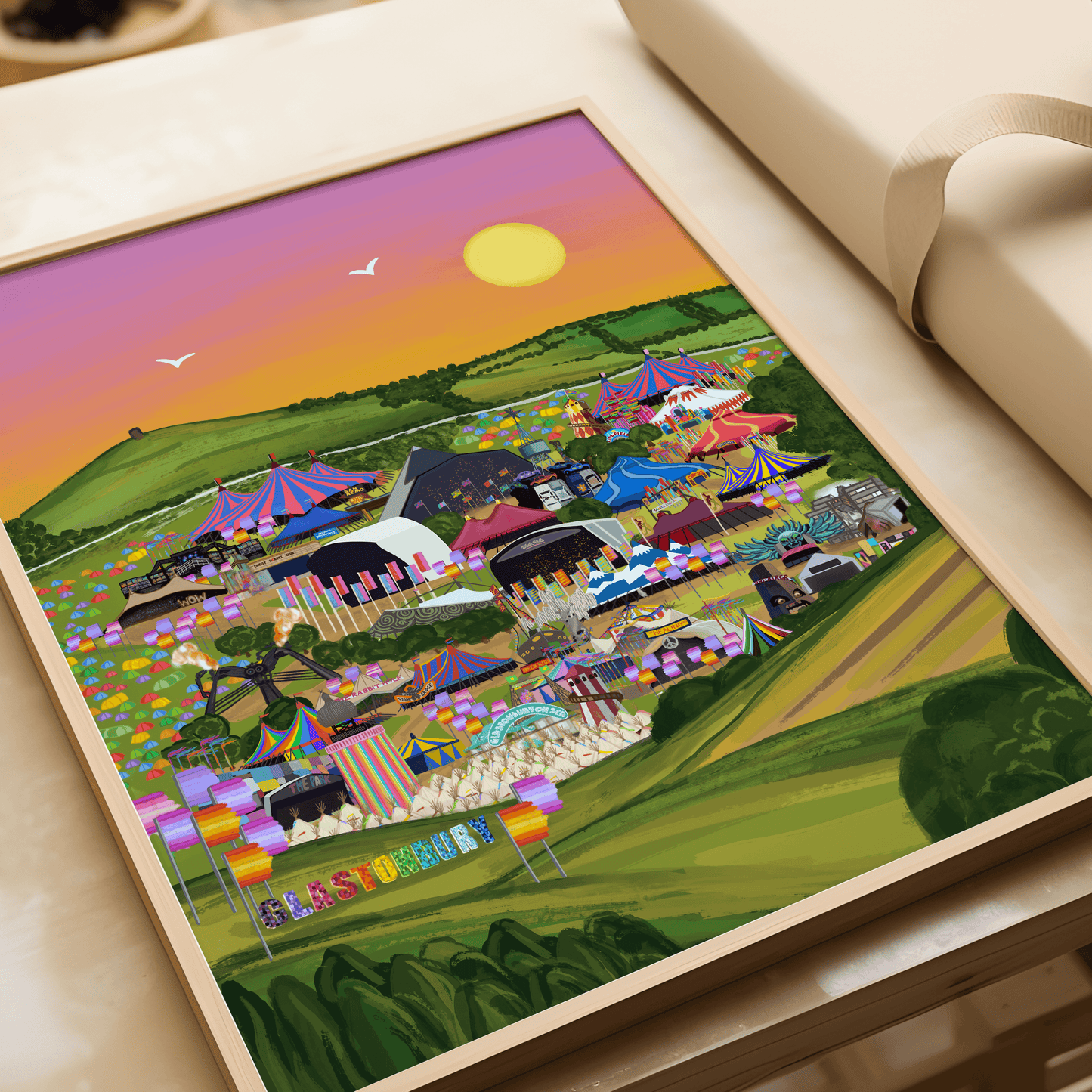 Vibrant and colourful Glastonbury festival print showcasing all stages of the iconic festival.