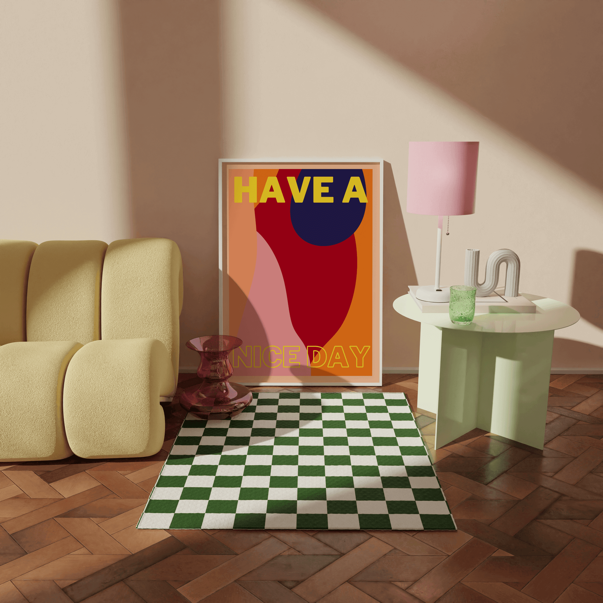 Print features block typography saying "Have a nice day". The background features abstract shapes and a variety of complimentary red, navy, peach and orange shades. The typography is yellow for a statement look. Displayed in a colourful room filled with m