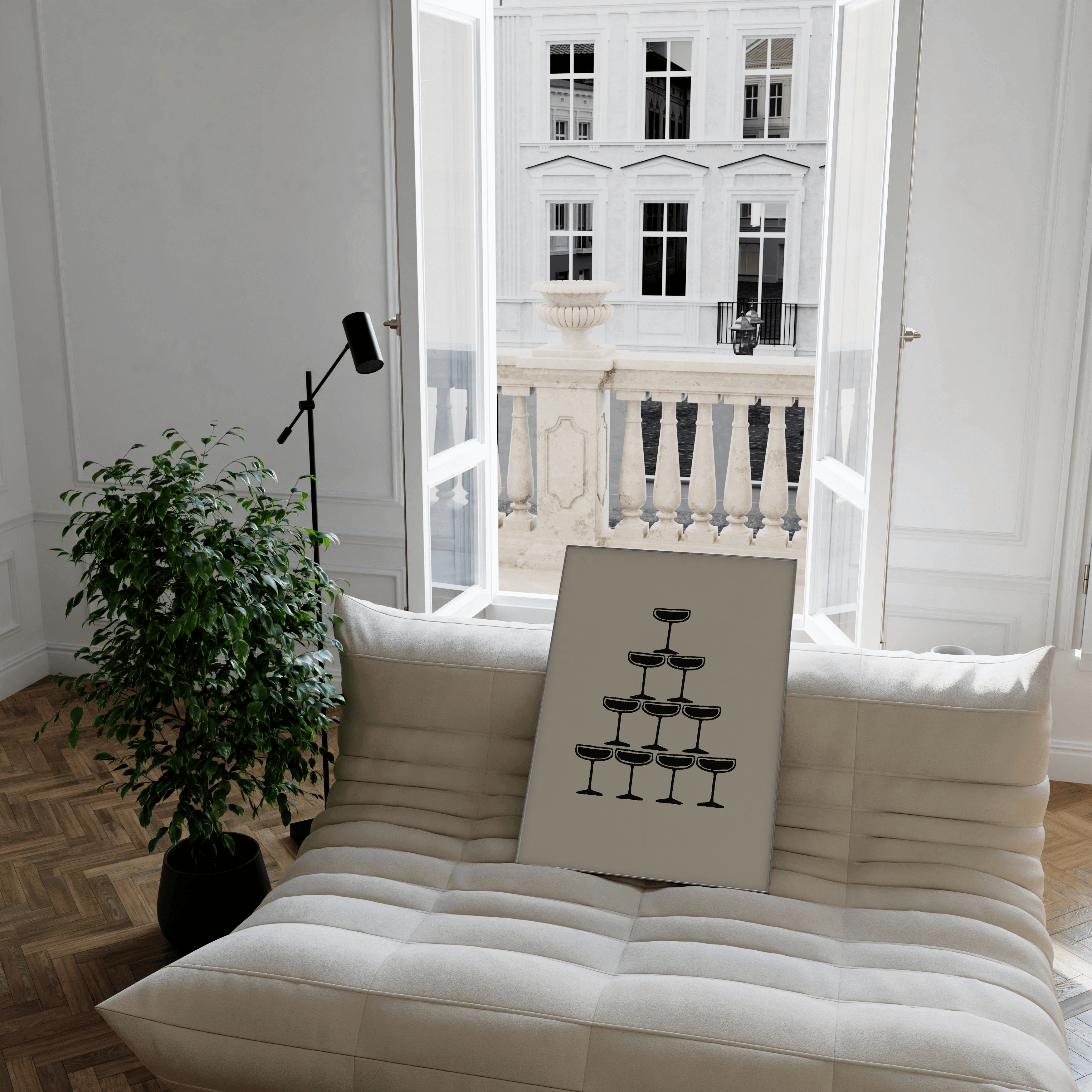 Monochrome illustration of champagne coupe's forming a champagne fountain, framed, leaning against a sofa in a Parisian room neutral decor