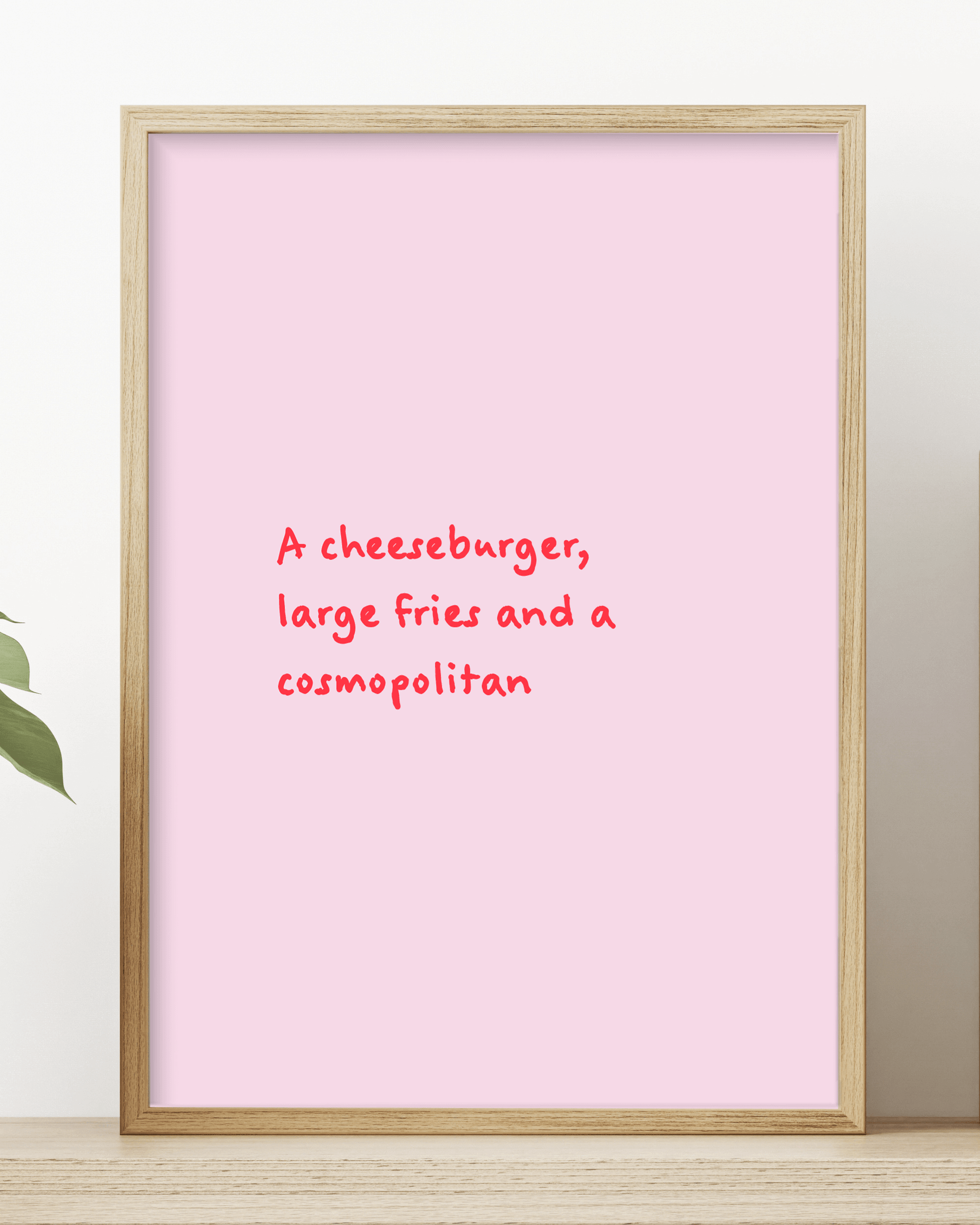 A cheeseburger, large fries and a cosmopoliton, carrie bradshaw, sex and the city, pink and red art print