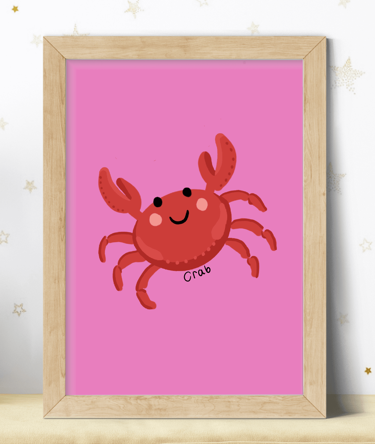 red crab drawing on a pink background art print