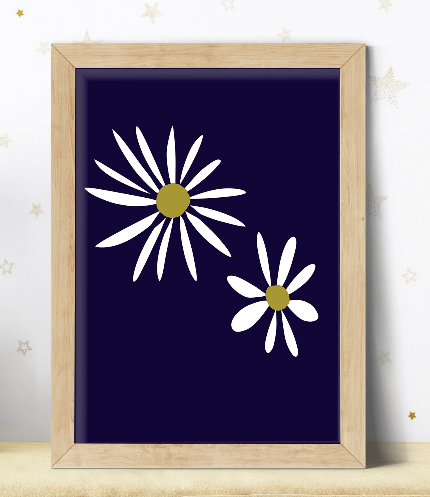 two daisies on a navy background art print